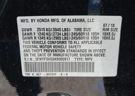 2019 Honda Pilot Ex-L z USA, uszkodzony, nr VIN 5FNYF5H53KB000917